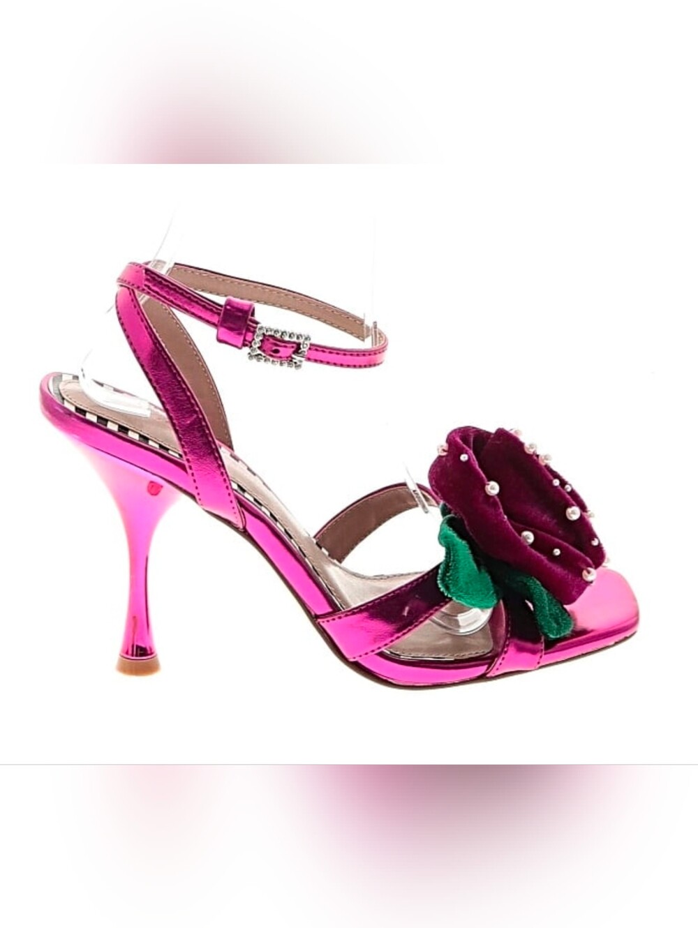 Betsey Johnson Metallic Pink Heeled Sandals with Velvet Rose Size 8